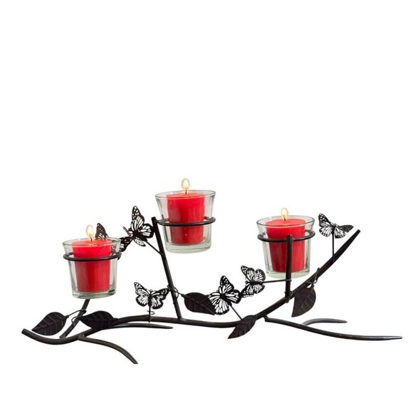 Vintage Rustic Style Butterfly and Leaf 3-Arm Metal Candle Holder 15" Length - Picture 3 of 7